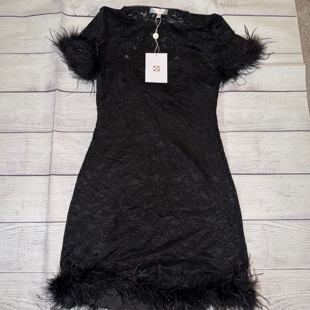 NWT Women's WAYF Elegant Black Lace Dress with Feather Trim